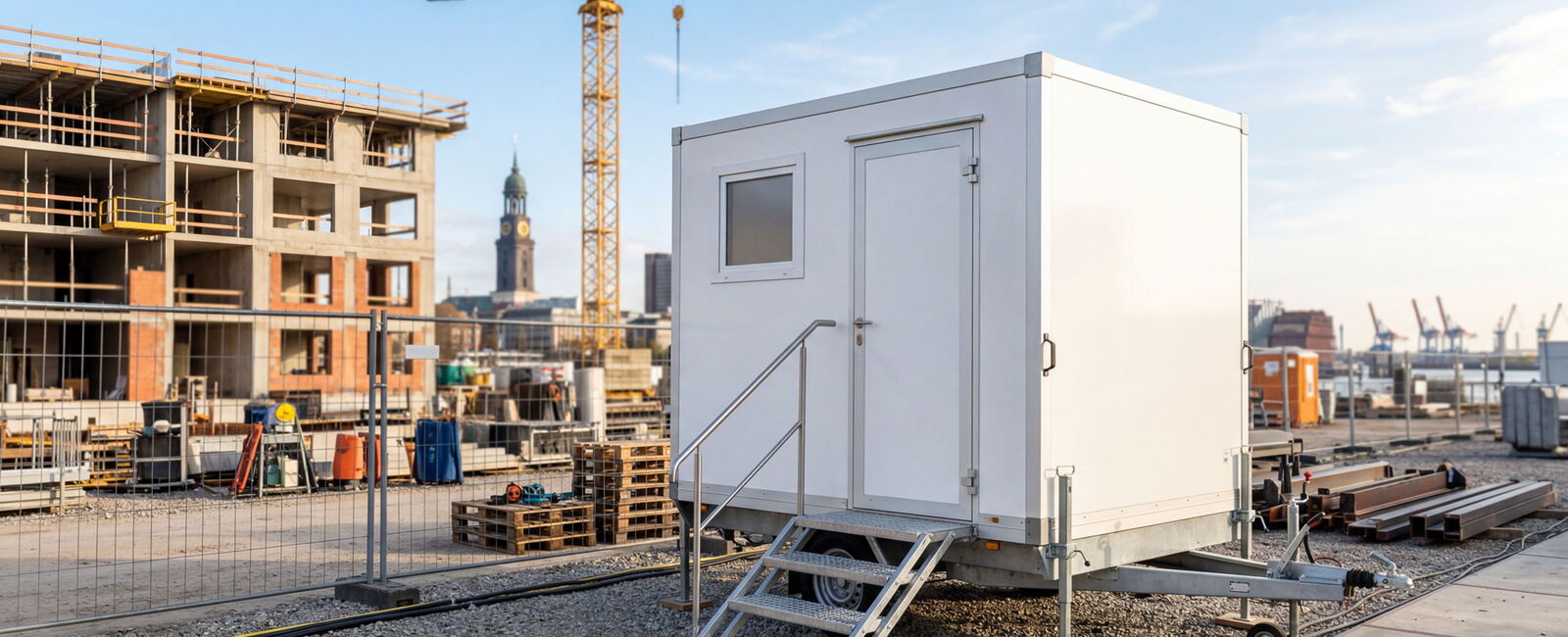 Eine weiße, tragbare Bürokabine mit Treppe ist auf einer Baustelle aufgestellt. Dahinter befinden sich ein im Bau befindliches mehrstöckiges Gebäude, ein gelber Kran und einige Industriegebäude im Hintergrund.