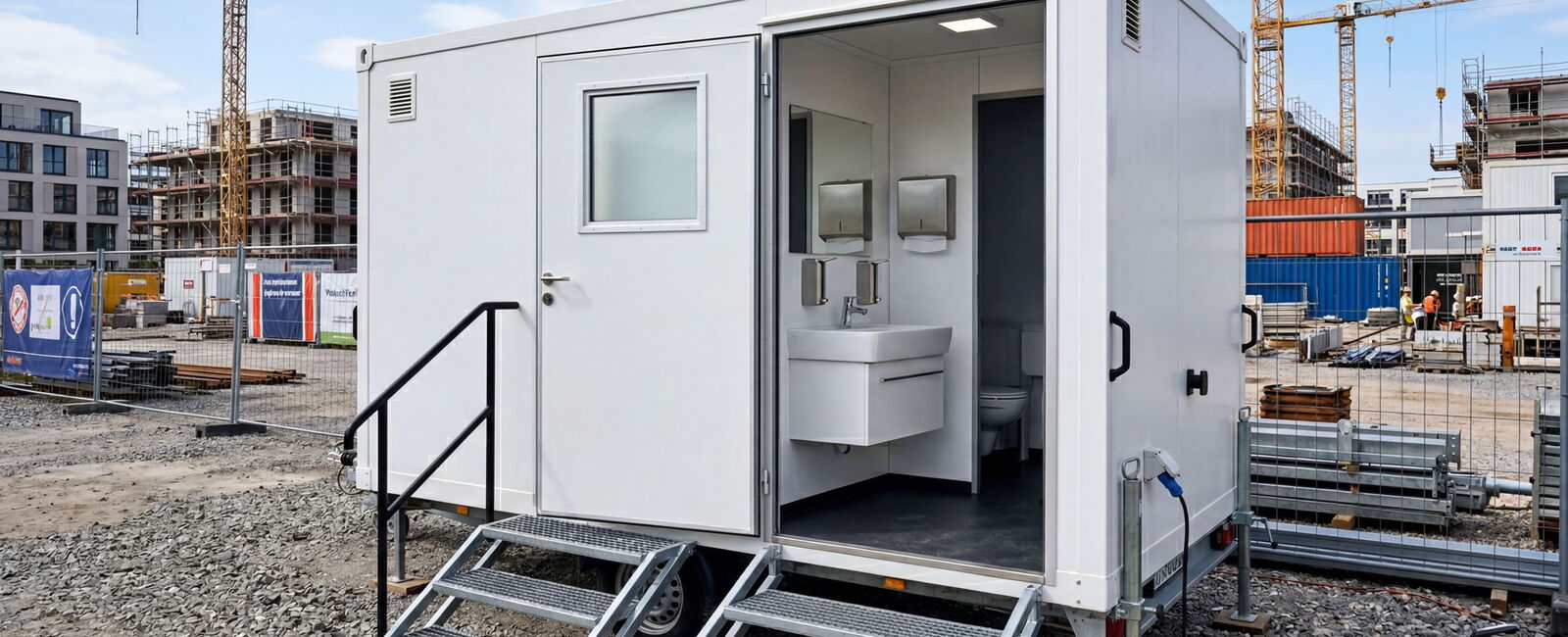 Ein weißer tragbarer Toilettenanhänger mit Stufen führt zu einer offenen Tür, die ein Waschbecken, Spiegel und eine Toilette im Inneren offenbart. Der Anhänger steht auf einer Baustelle mit Kränen, Gebäuden und Materialien im Hintergrund.