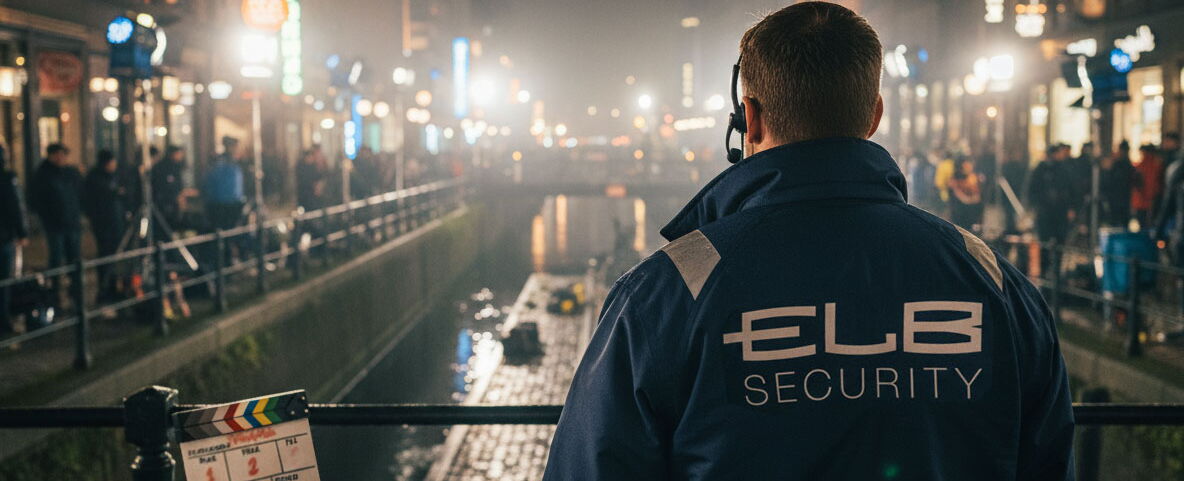 Ein Wachmann in einer blauen ELB Security-Jacke steht nachts an einem Kanal und überwacht eine Menschenmenge und eine Filmkulisse mit einer Klappe im Vordergrund und den Lichtern der Stadt im Hintergrund.
