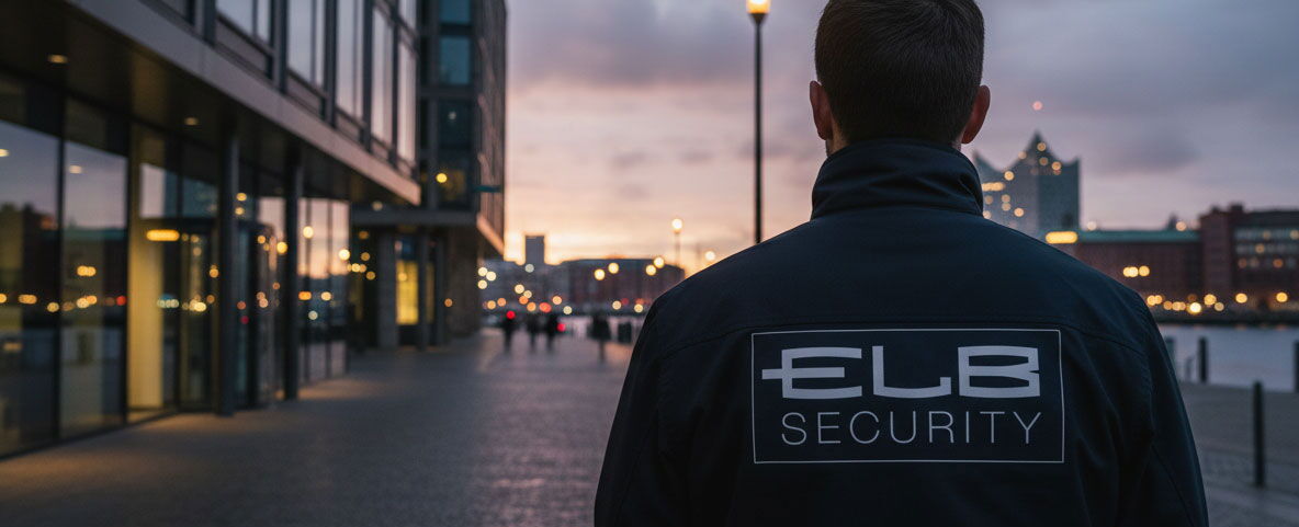 Ein Sicherheitsbeamter in einer Jacke mit der Aufschrift ELB Security steht in der Abenddämmerung auf einem Gehweg in der Stadt und schaut von der Kamera weg. Unter einem bewölkten Abendhimmel sind Straßenlaternen und Gebäude zu sehen.