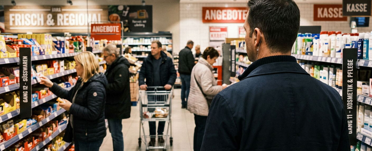 Ein Ladendetektiv beobachtet im Geschäft, ob Leute Diebstahl begehen.